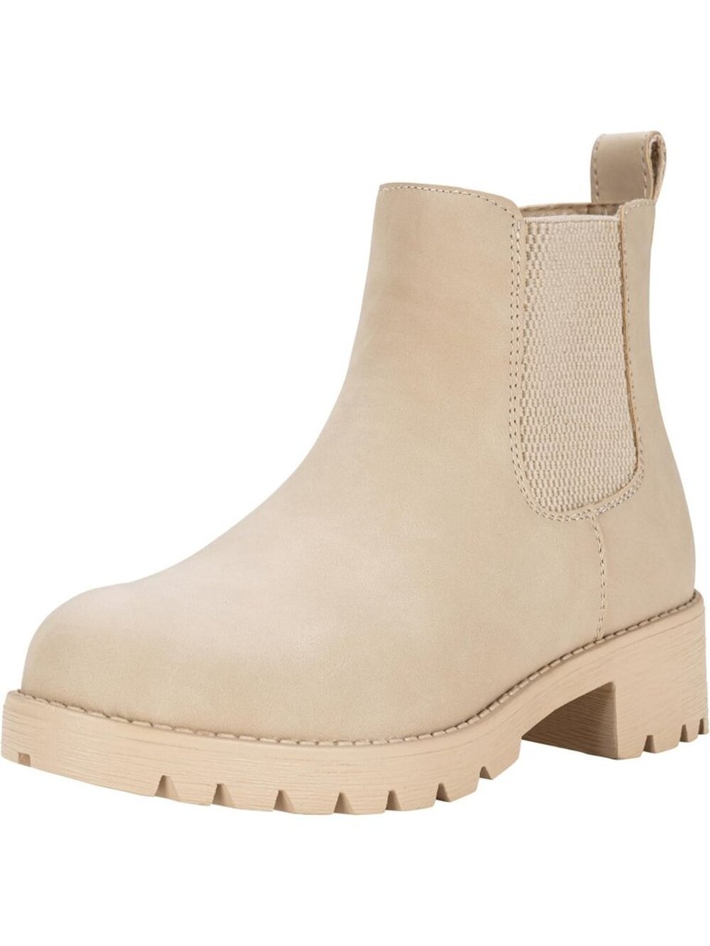 Women's Beige Elastic Side Round Toe Chelsea Ankle Boots Pull-On Low Heel Boots